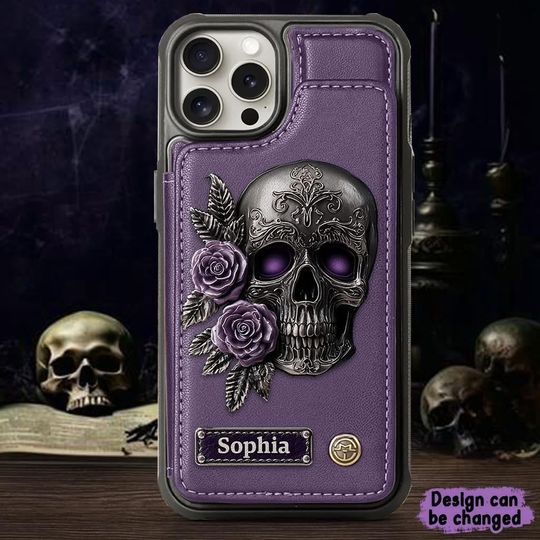 Skull And Roses - Personalized Skull Wallet Phone Case, PU Leather Phone Stand, Gothic Skeleton Phone Cover, Halloween Gift, Christmas Gift