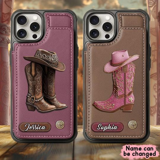Western Spirit - Personalized Cowgirl Wallet Phone Case, Cowgirl Boots Personalized Leather Wallet Phone Case with Card Slots, Western Style