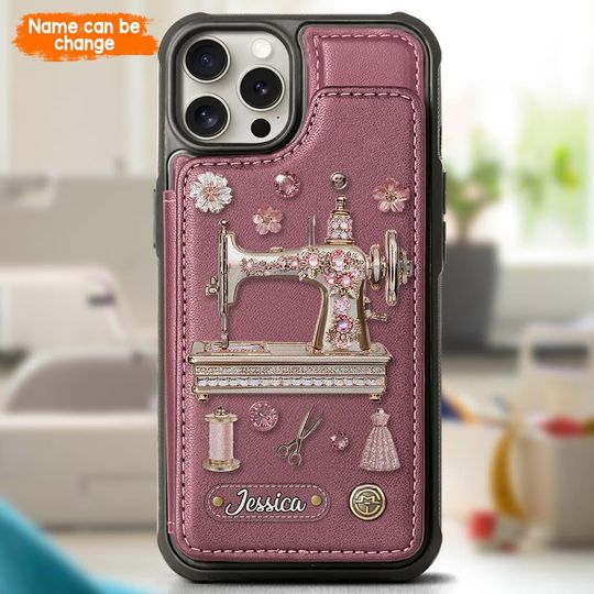 Beautiful Sewing Machine - Personalized Sewing Wallet Phone Case, Sewing PU Leather Phone Stand, Phone Cover Gift for Sewer, Christmas Gift