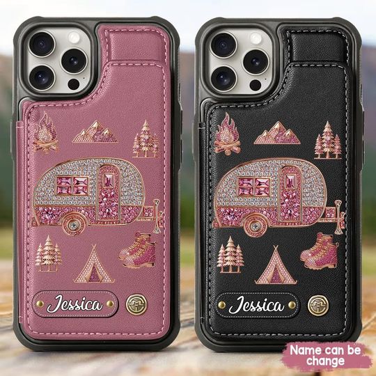 Love Camping - Personalized Camping Wallet Phone Case, Hiking Collage Design with Mountains, Forests & Fire Pit for iPhone