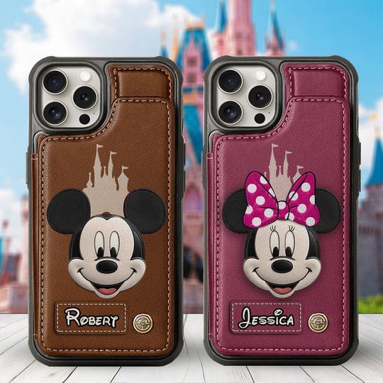 Custom Mouse Cartoon Couple Phone Case  | Personalized Leather Wallet iPhone Case | Cute Princess Gift for Cartoon Lover
