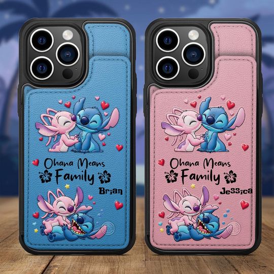 Cute Ohana Means Family Alien Couple Phone Case, Personalized Couple Phone Case with Name, Leather Card Holder for iPhone, Gift for Lovers