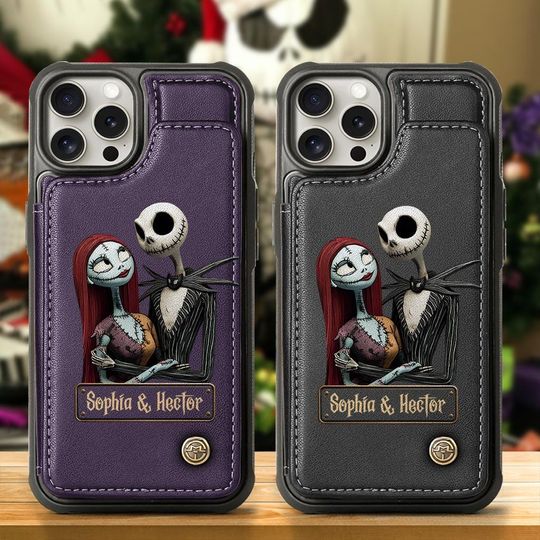 Personalized Jack and Sally PU Leather Wallet Phone Case - Halloween Gift