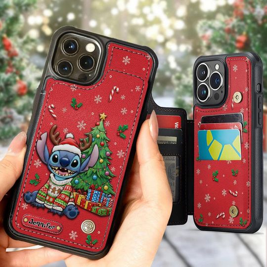 Cute Blue Alien Christmas iPhone Wallet Case, Red Leather Cover with Card Holder, Holiday Gift for Cartoon Lovers