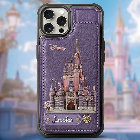 Personalized Disneyland Leather Wallet Phone Case, Mouse Castle Card Slots Phone Cover, Cartoon Magical Phone Gift for Fan