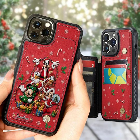 Discover Personalized Main Street Christmas Leather Wallet Phone Case, Mouse Friends Card Slots Phone Cover, New Phone Gift for Her