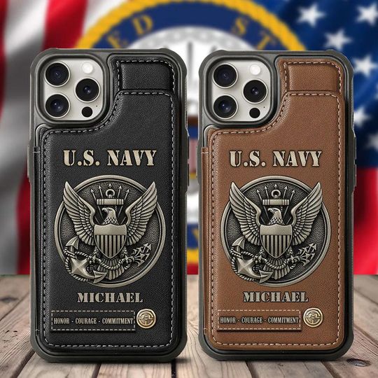 Personalized US Navy Army Leather Wallet Phone Case, Military Card Slots Phone Cover, Gift for Veterans, Gift for Dad Grandpa