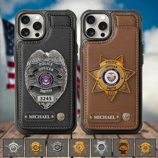 Personalized American Police Officer Leather Wallet Phone Case, 2D Card Slots Phone Cover for US Military Army, Gift for Dad