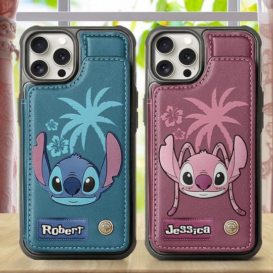 Personalized Blue Monster Leather Wallet Phone Case, Stitch Hawaii Ohana Card Slots Phone Cover, Matching Phone Gift Couple