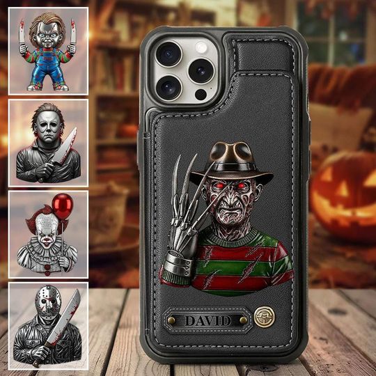 Personalized Horror Movie Leather Wallet Phone Case, Halloween Killers Card Slots Phone Cover, Scary Phone Gift for Fan