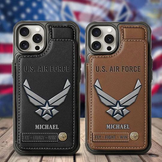 Personalized U.S Air Force Leather Wallet Phone Case, Card Slots American Military Phone Cover, Veterans Gift for Dad Grandpa