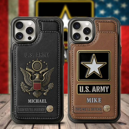 Personalized 250th Anniversary Veteran Leather Wallet Phone Case, 2D Card Slots Phone Cover for US Military Army, Gift for Dad