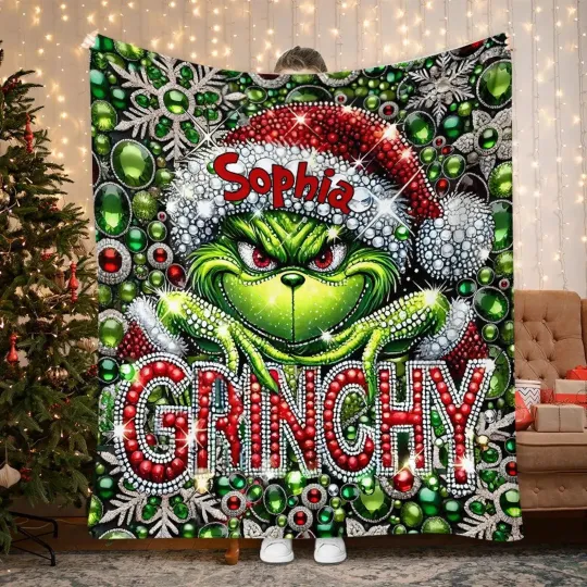 Personalized Green Grin Fleece Blanket, Custom funny character Christmas Blanket, Chri