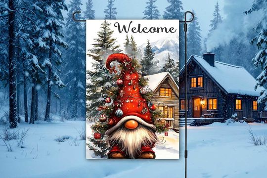 Discover Christmas Gnome Welcome Garden Flag Sublimation Design, PNG, Winter Gnome 12x18 Garden Flag, Digital Download, Christmas Gnome Garden Flag