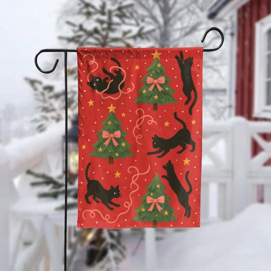 Discover Christmas Cat Garden Flag, Black Cats Holiday Yard Decor, Funny Xmas Outdoor Decoration with Trees and Stars, Double Sided Winter Flag