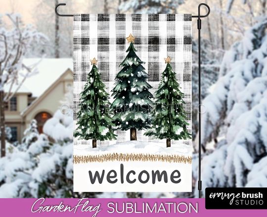 Christmas Tree Garden Flag Sublimation - Winter Holiday Design. Xmas Yard Flag, Santa Welcome Sign