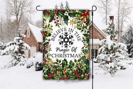 Believe Christmas Garden Flag Sublimation Design, Christmas 12x18 Garden Flag, Floral Christmas Garden Flag Design