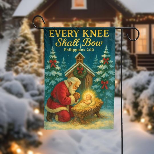 Religious Christmas Garden Flag, Santa Kneeling Before Jesus Nativity Scene, Every Knee Shall Bow Christian Holiday Decor, Holiday Decor