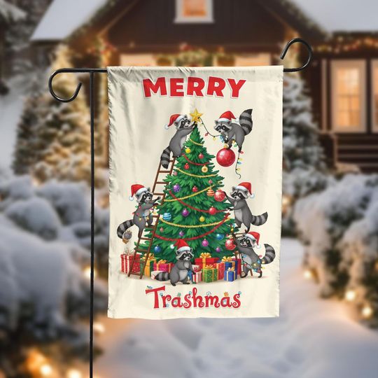 Discover Funny Raccoon Christmas Garden Flag, Merry Trashmas Holiday Yard Decoration, Cute Animal Outdoor Winter Banner with Tree and Gifts