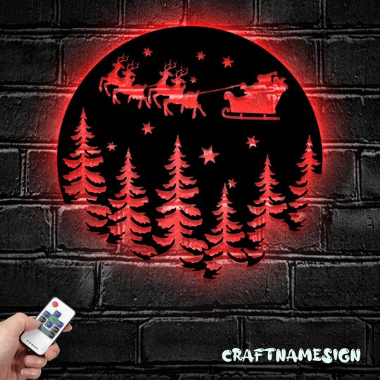 Santa Claus Metal Wall Art LED Light Santa's Sleigh Sign | Home Decor Christmas | Scene Village Santa Sleigh Decoration| Housewarming Xmas