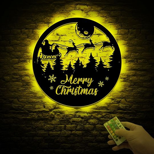 Christmas Metal Wall Art With Led Lights, Merry Christmas Sign, Santa Claus With Reindeers Sign, Christmas Gift For Family, Friend, Coworker
