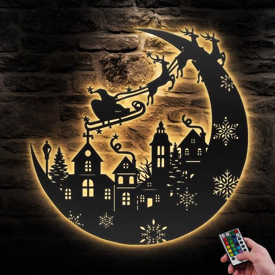Santa Claus Metal Wall Art LED Light Santa's Sleigh Sign Home Decor Christmas Scene Village Santa Sleigh Decoration Housewarming Xmas gift