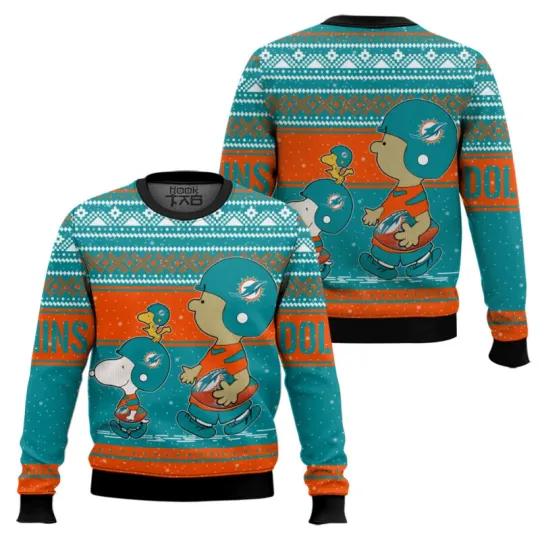 Discover Snoopy1 And Charlie Brown Miami Dolphin Ugly Sweater Xmas Gift S-5XL