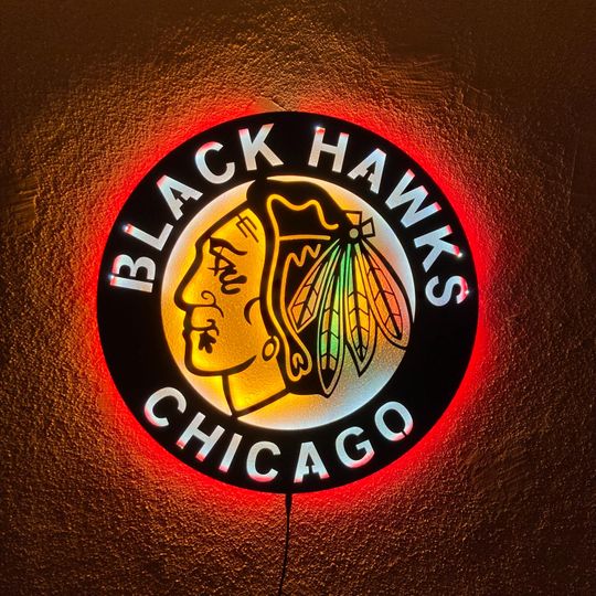 Chicago Blackhawks LED Wall Sign: Black Composite Illuminated Hockey Team Logo