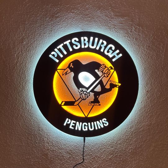 Pittsburgh Penguins LED Wall Sign: Black Composite Illuminated Hockey Team Logo