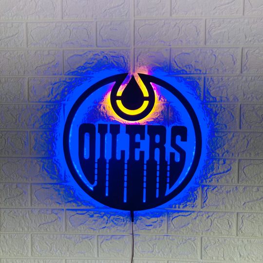 Edmonton Oilers LED Wall Sign: Black Composite Illuminated Hockey Team Logo