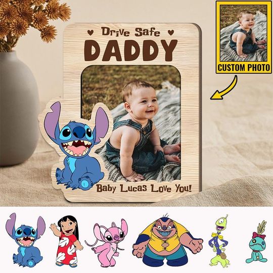 Drive Safe Daddy With Lilo And Stitch, Personalized Photo Car Visor Clip, Disney Stitch Visor Clip for Car, Fathers Day Gift From Kids