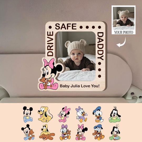 Drive Safe Daddy With Baby Mickey And Friend Characters, Personalized Photo Car Visor Clip, Minnie Mouse Visor Clip for Car, Fathers Day