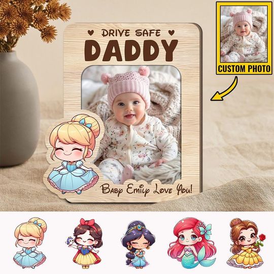 Drive Safe Daddy With Princess Characters, Personalized Photo Car Visor Clip, Disney Princess Visor Clip for Car, Fathers Day Gift