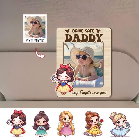 Drive Safe Daddy With Princess Disney Characters, Personalized Photo Car Visor Clip, Baby Princess Visor Clip for Car, Fathers Day Gift