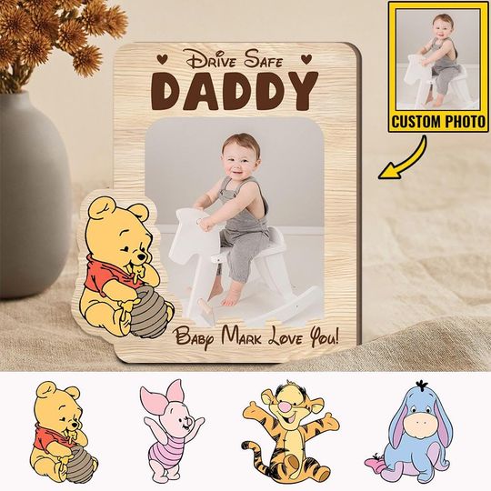 Drive Safe Daddy With Winnie The Pooh Characters, Personalized Photo Car Visor Clip, Pooh & Friends Visor Clip for Car, Fathers Day Gift