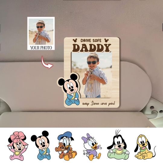 Drive Safe Daddy With Mickey And Friends, Personalized Photo Car Visor Clip, Disney Baby Visor Clip for Car, Fathers Day Gift From Kids