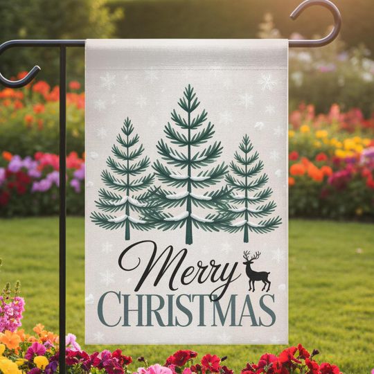 Discover Merry Christmas Garden Flag PNG, Winter Trees Holiday Yard Decor, Digital Download Sublimation Design