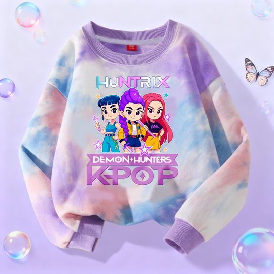 KPop Demon Hunters Tie-Dye Sweatshirt Girls Long Sleeve Anime Cartoon Spring Autumn Clothes