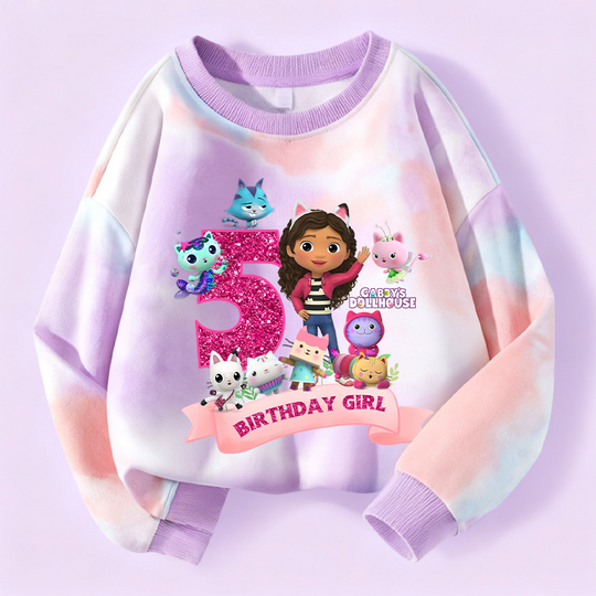 Personalized Gabby Dollhouse Number Sweatshirt Baby Girls Cotton Tie-Dye Cartoon Print Kids Birthday Top