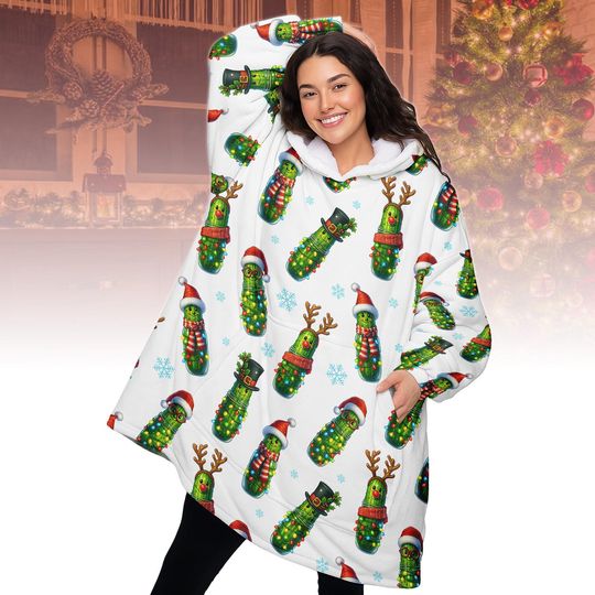Discover Pickle Christmas Hooded Blanket, Funny Cucumber Fleece Blanket, Hoodie Xmas Holiday Gift for Kids Women And Men