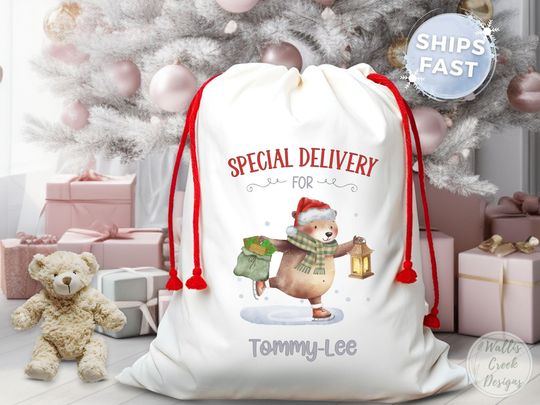 Discover Personalized Christmas Santa Sack, Skating Bear Delivery Gift Bag