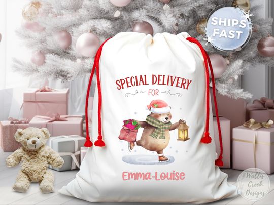 Discover Personalized Christmas Santa Sack, Skating Bear Delivery Gift Bag