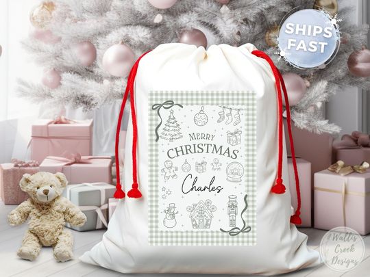 Personalized Christmas Santa Sack, Green Check Print