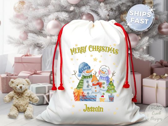 Discover Personalized Snowman Family Christmas Sack, Custom Canvas Gift Bag