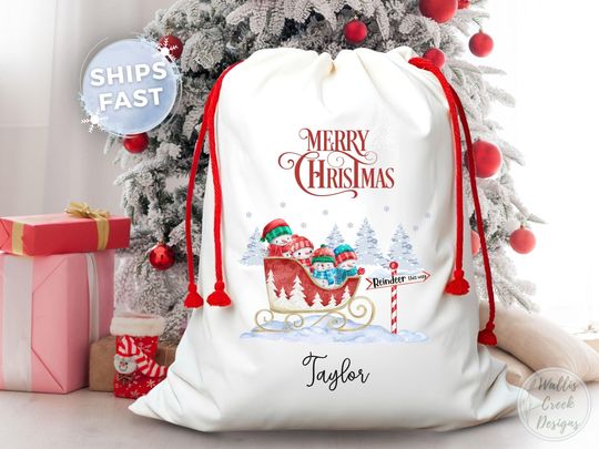 Personalized Snowman Christmas Santa Sack, Custom Xmas Gift Bag