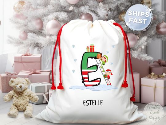 Personalized Christmas Santa Sack: Custom Initial Elf Gift Bag