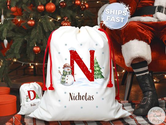 Discover Personalized Snowman Santa Sack, Custom Name Christmas Gift Bag