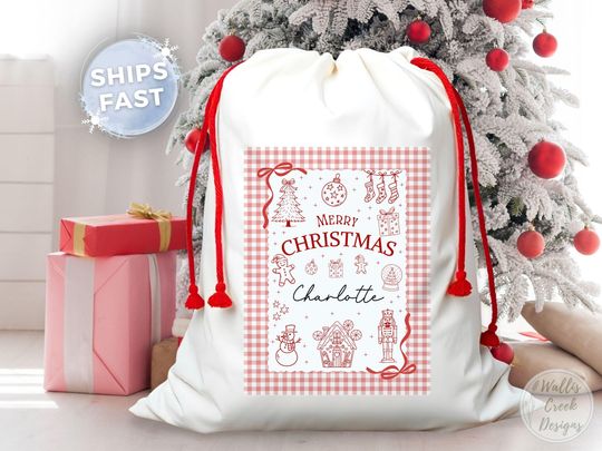 Personalized Girls Christmas Santa Sack, Red Check Border & Bows