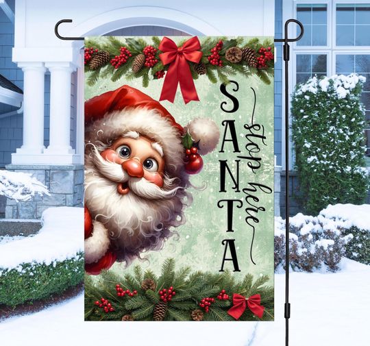 Discover Santa Stop Here Garden Flag Sublimation Design, Christmas Quote Flag Template, Winter Holiday Print PNG, Festive Garden Sign, Digital File