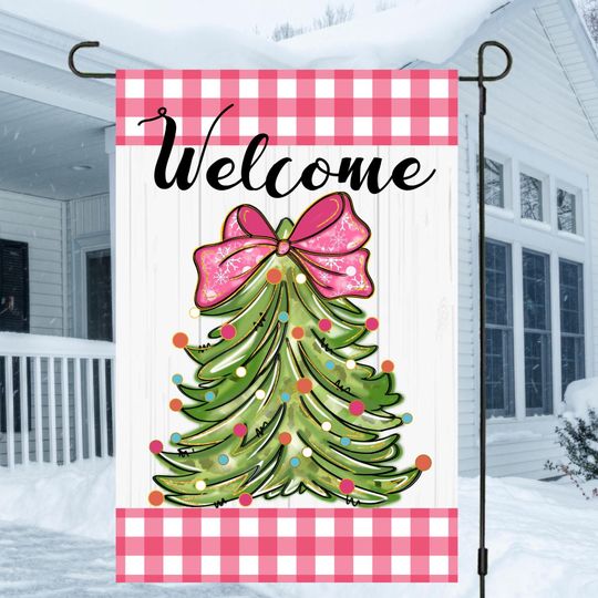 Discover 12x18 Garden Flag, Pink Bow, Christmas Tree, Garden Flag, Christmas Garden Flag, Yard Sign, Winter Flag